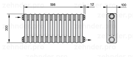 Схема (чертеж) Радиатор Zehnder Charleston 3030/13 №1670 Белый глянцевый RAL 9016